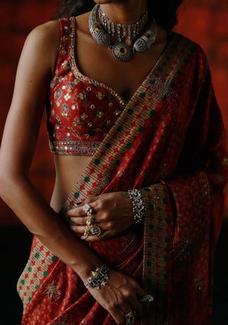Brick Red Printed Sari And Blouse by Drishti & Zahabia available on Indiaspopup.com
