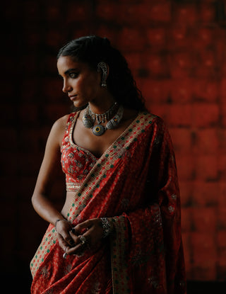 Brick Red Printed Sari And Blouse by Drishti & Zahabia available on Indiaspopup.com