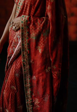 Brick Red Printed Sari And Blouse by Drishti & Zahabia available on Indiaspopup.com