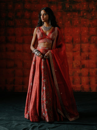 Brick Red Panelled Lehenga Set by Drishti & Zahabia available on Indiaspopup.com
