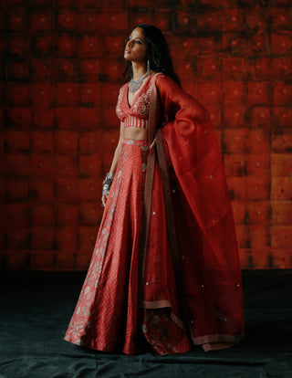 Brick Red Panelled Lehenga Set by Drishti & Zahabia available on Indiaspopup.com