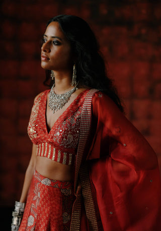 Brick Red Panelled Lehenga Set by Drishti & Zahabia available on Indiaspopup.com