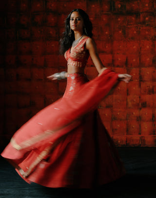 Brick Red Panelled Lehenga Set by Drishti & Zahabia available on Indiaspopup.com