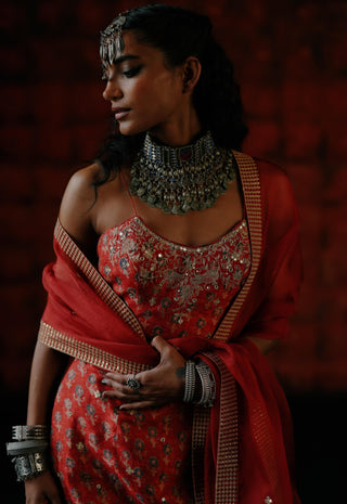 Brick Red Tunic And Sharara Set by Drishti & Zahabia available on Indiaspopup.com