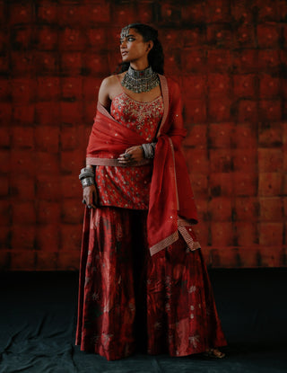 Brick Red Tunic And Sharara Set by Drishti & Zahabia available on Indiaspopup.com