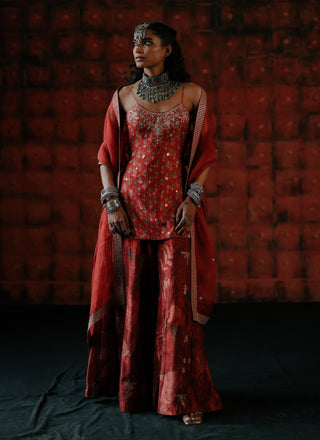 Brick Red Tunic And Sharara Set by Drishti & Zahabia available on Indiaspopup.com