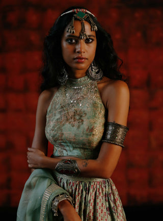 Mint Mix Printed Gathered Skirt by Drishti & Zahabia available on Indiaspopup.com