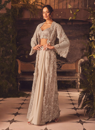 Demure ivory draped skirt and jacket set