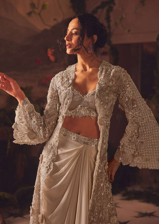 Demure ivory draped skirt and jacket set