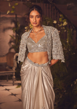 Divine ivory draped skirt and jacket set