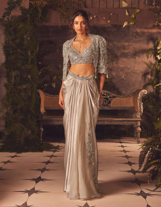 Divine ivory draped skirt and jacket set