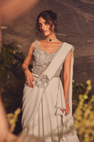 Dusk ivory draped gown sari