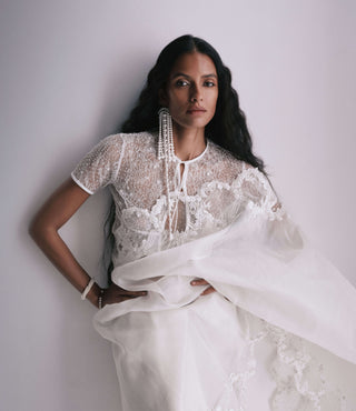 Off-white luna sari and unstitched blouse