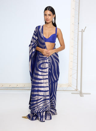 Handwoven dark blue silk sari