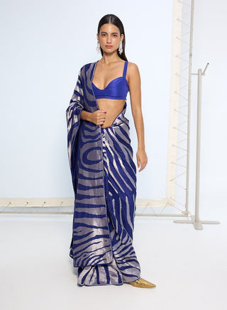 Handwoven dark blue silk sari