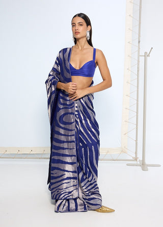 Handwoven dark blue silk sari
