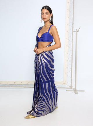 Handwoven dark blue silk sari