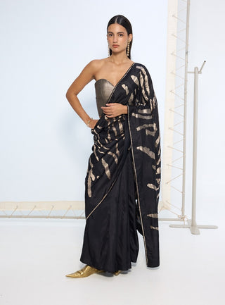 Black and silver pure silk sari
