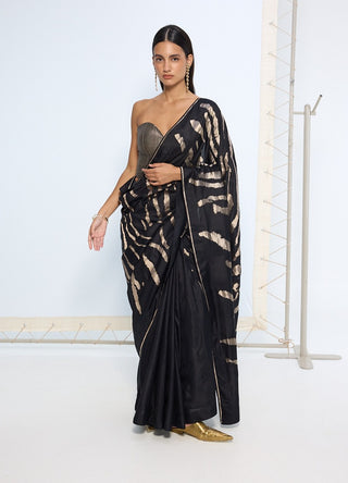 Black and silver pure silk sari