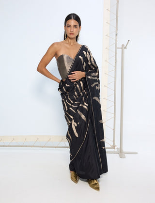 Black and silver pure silk sari