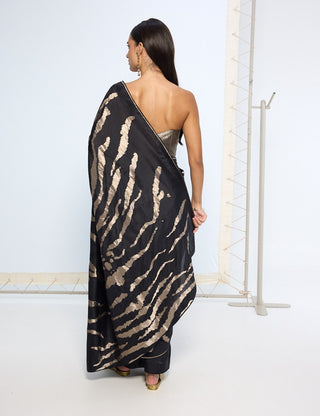 Black and silver pure silk sari