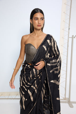 Black and silver pure silk sari