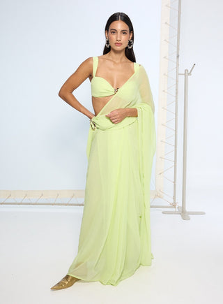 Lime green pure chiffon sari and blouse