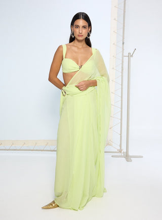 Lime green pure chiffon sari and blouse