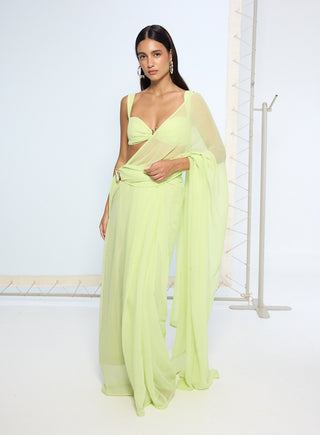 Lime green pure chiffon sari and blouse
