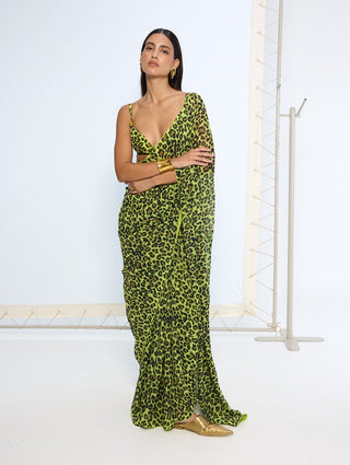 Green leopard print sari and blouse