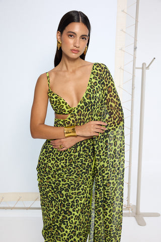 Green leopard print sari and blouse