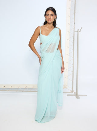 Ice blue movable brooch sari and blouse