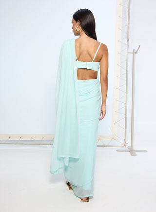 Ice blue movable brooch sari and blouse