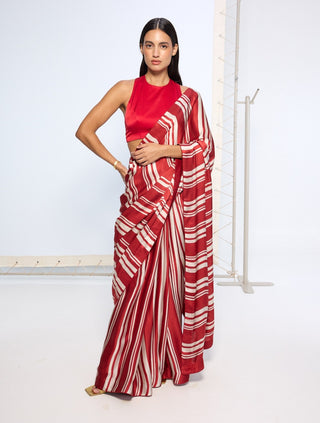 Red silk striped sari