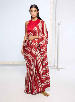 Red silk striped sari
