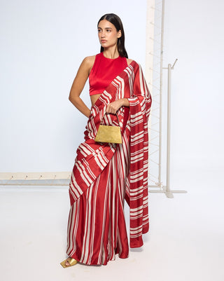 Red silk striped sari