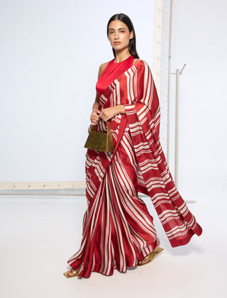 Red silk striped sari