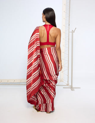 Red silk striped sari