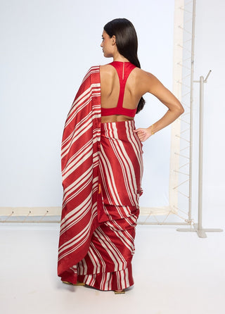 Red silk striped sari