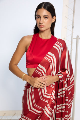 Red silk striped sari