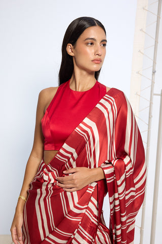 Red silk striped sari
