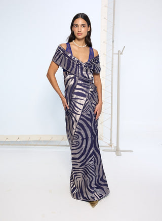 Handwoven dark blue silk sari and blouse