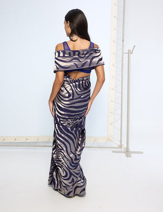 Handwoven dark blue silk sari and blouse