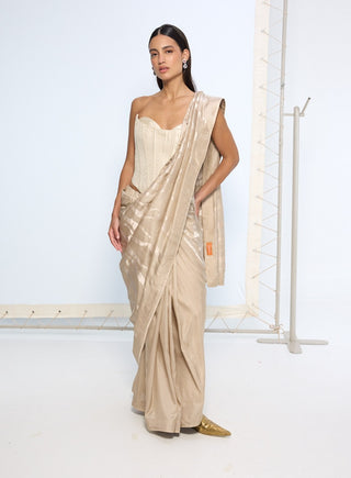 Handwoven beige silk sari