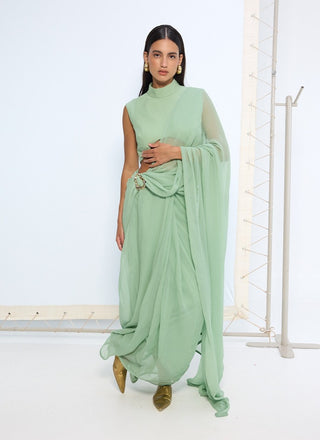 Pale green brooch sari and blouse