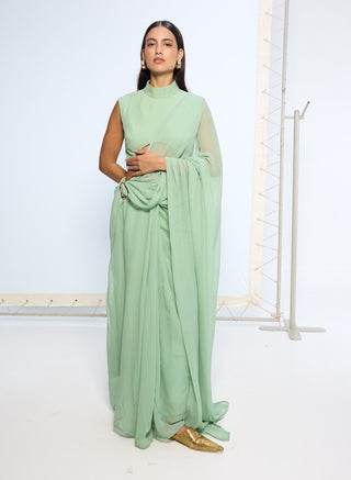 Pale green brooch sari and blouse