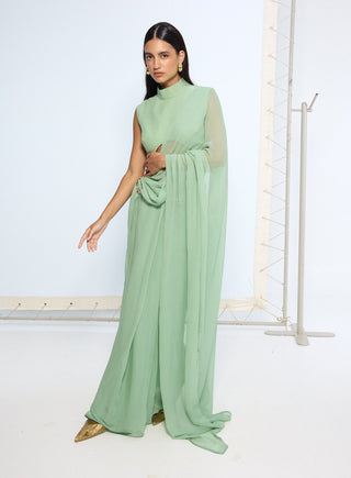 Pale green brooch sari and blouse