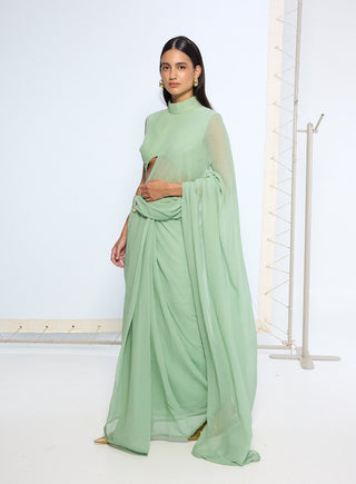 Pale green brooch sari and blouse
