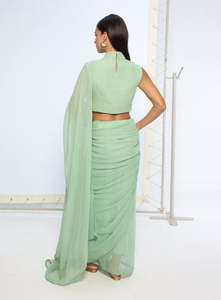 Pale green brooch sari and blouse