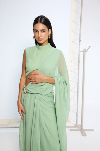 Pale green brooch sari and blouse